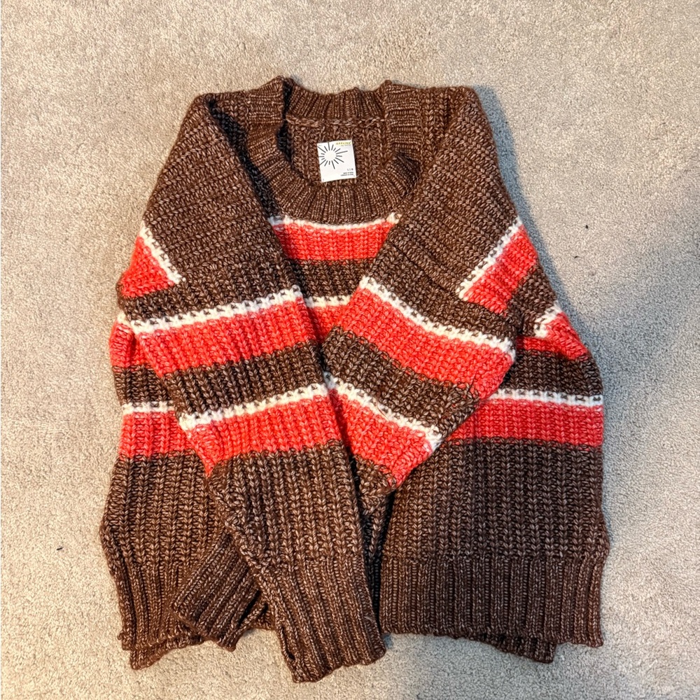 Aerie Brown and Red Striped Crewneck Sweater